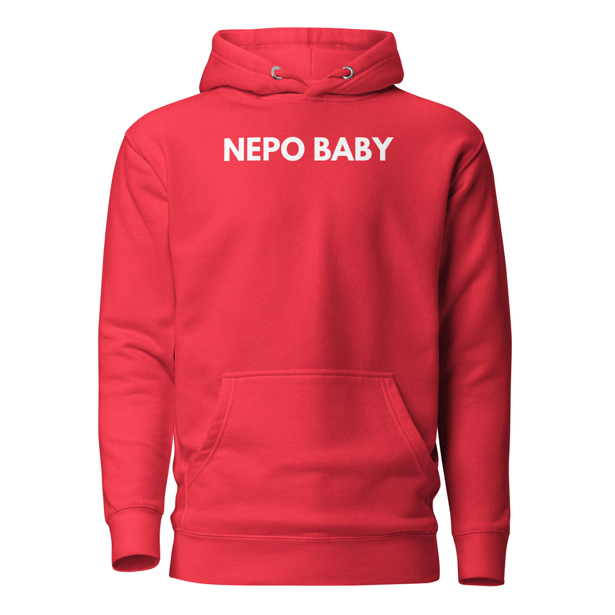 Team Red hoodie with white Nepo Baby lettering, front view.