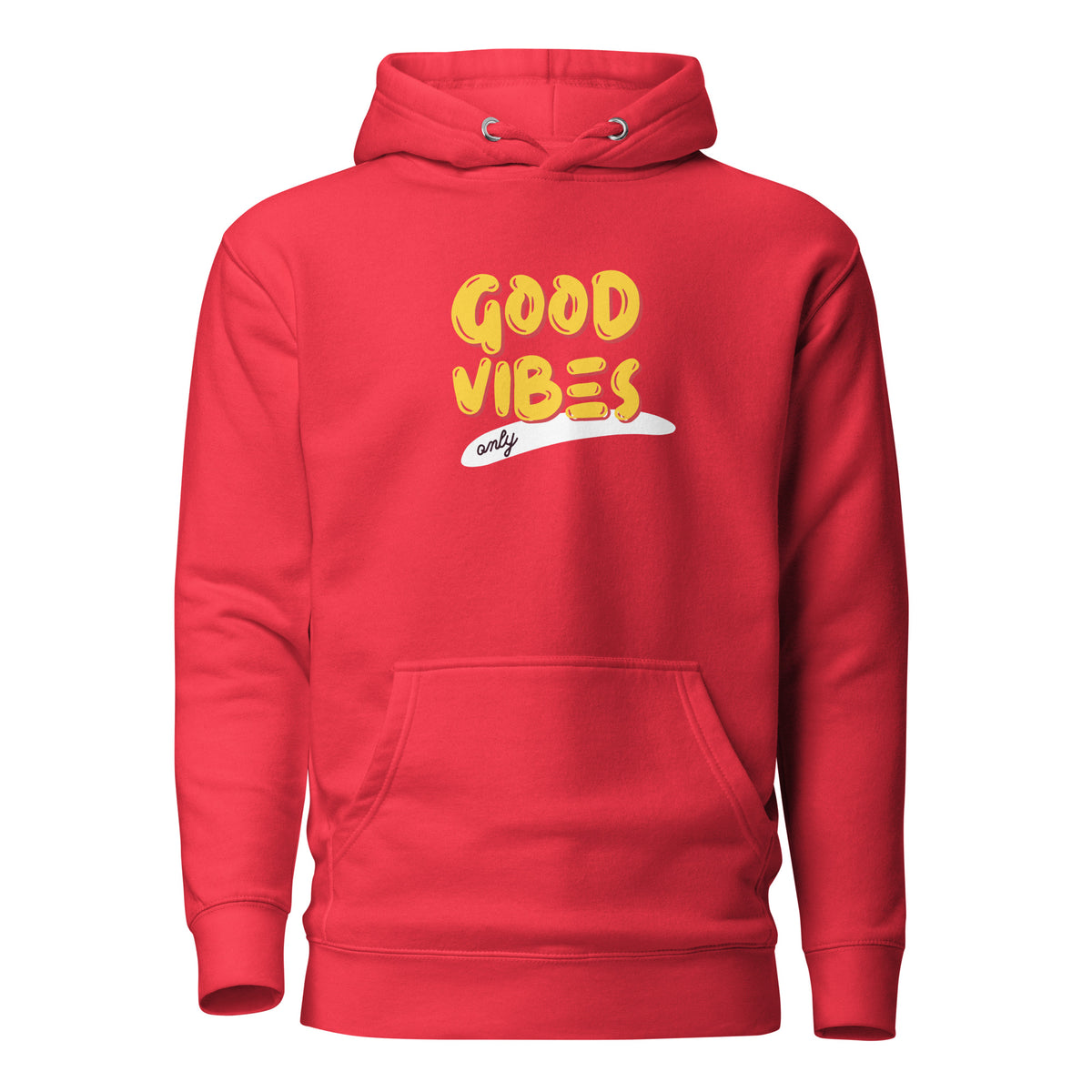 Team Red hoodie, front view, with yellow 'Good Vibes' lettering with a white underline.