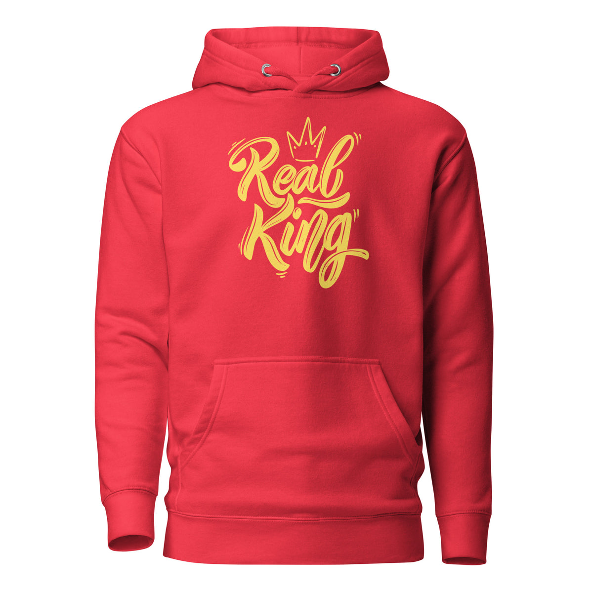 Team Red hoodie, front view, with yellow 'Real King' script and a crown.