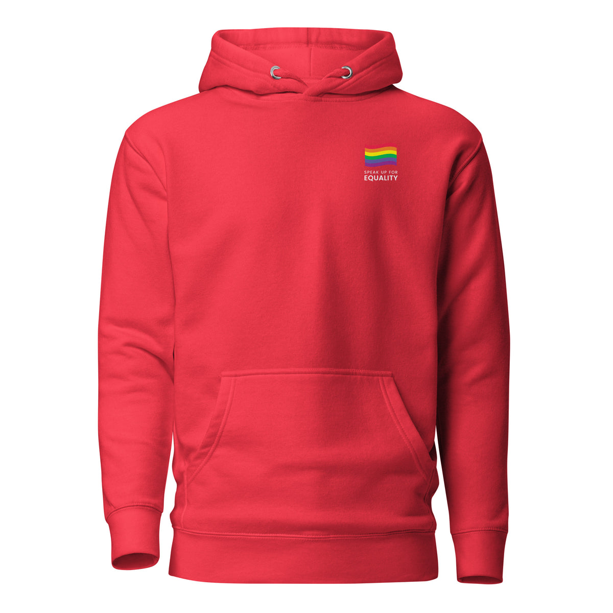 Team Red hoodie, front view, with a small rainbow flag and lettering on the chest.