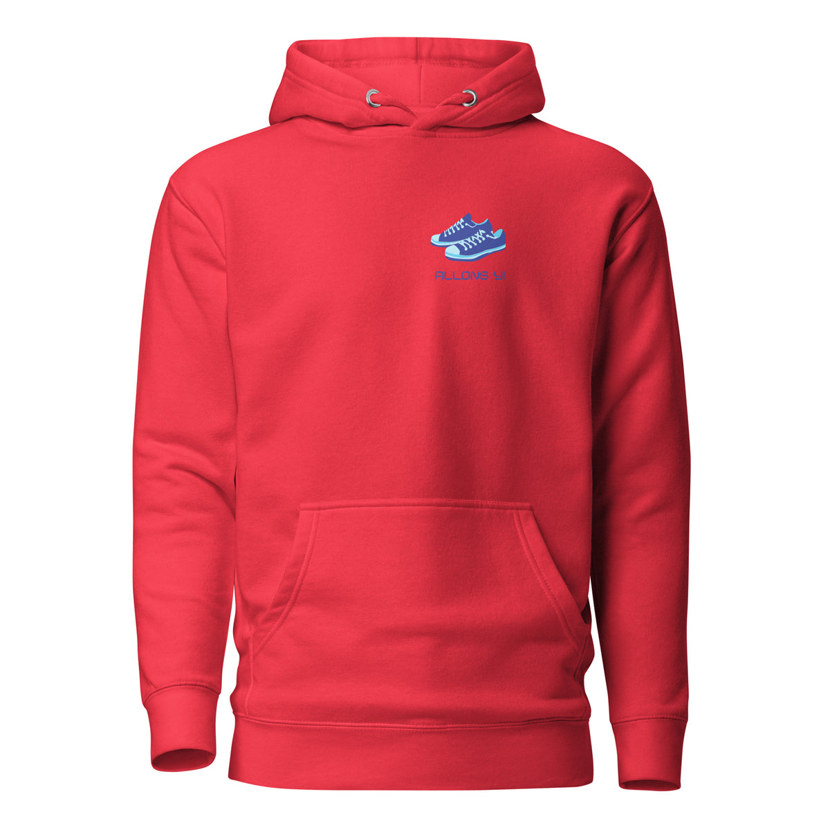 Team Red hoodie, front view with blue sneakers and "Allons Y" chest lettering.