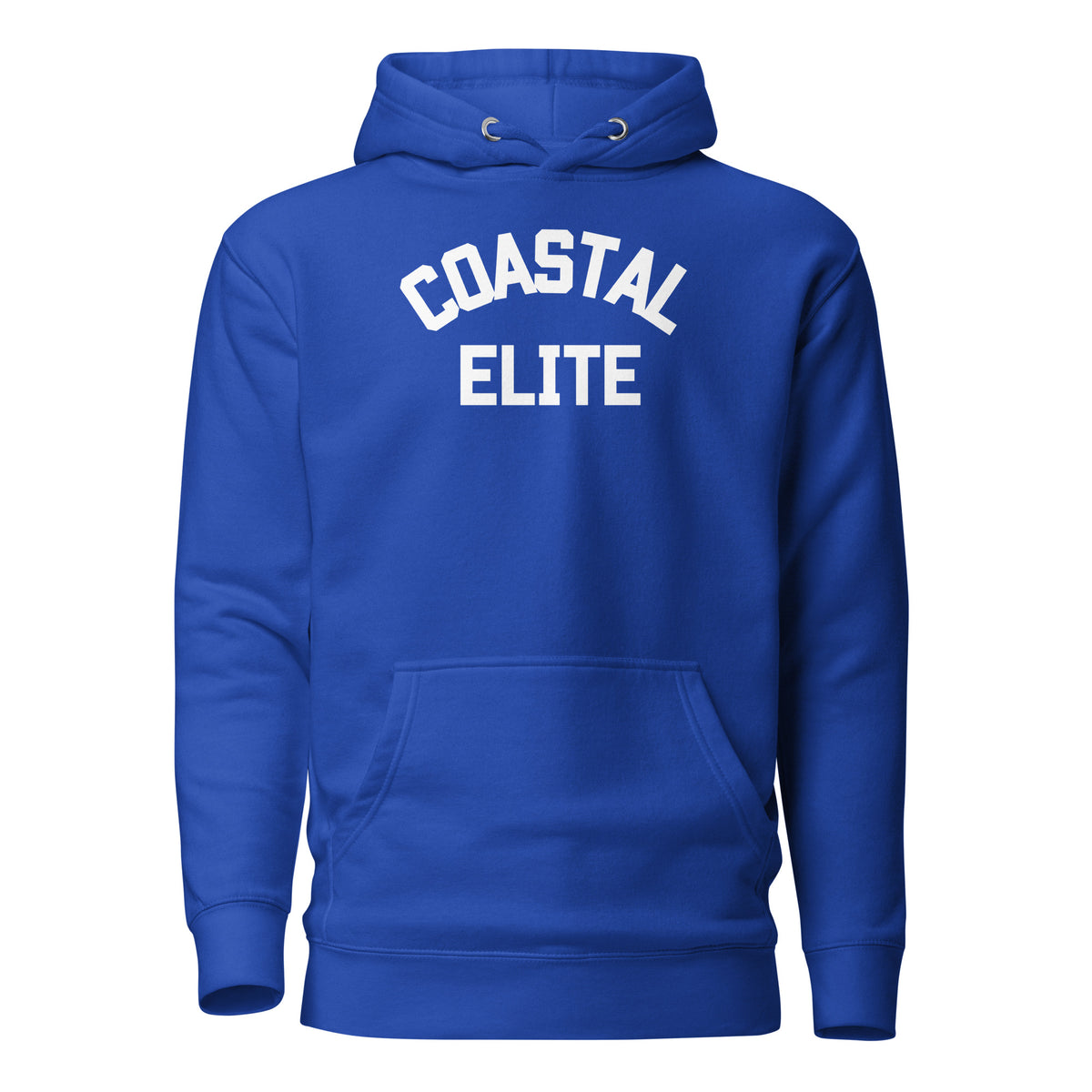 Team Royal hoodie, front view, with white arched 'Coastal Elite' lettering.
