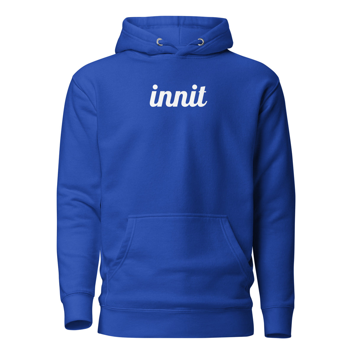 Innit hoodie in Team Royal, front view with white "innit" lettering and a pouch pocket.