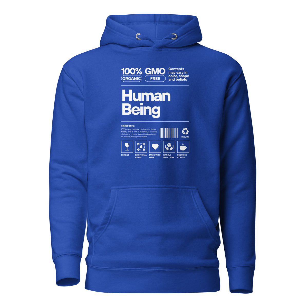 Team Royal hoodie with a white Human Being label-style graphic and icons, front view.