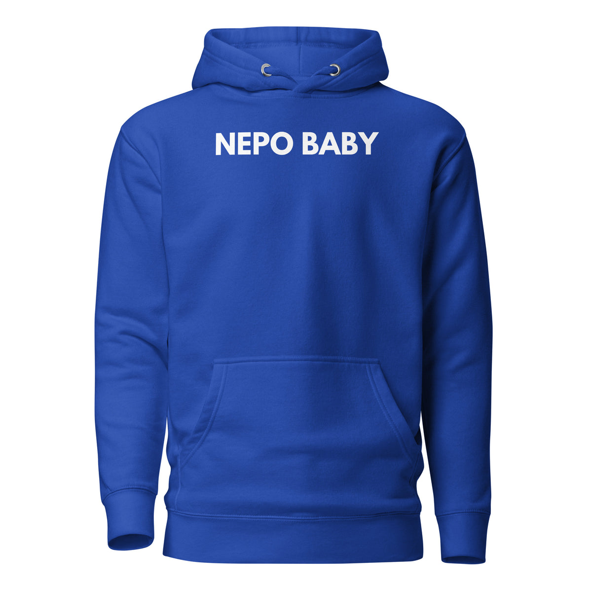 Team Royal hoodie with white Nepo Baby lettering, front view.