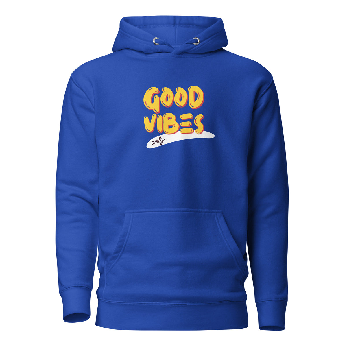 Team Royal hoodie, front view, with yellow 'Good Vibes' lettering with a white underline.