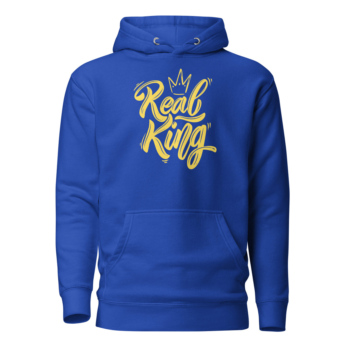 Team Royal hoodie, front view, with yellow 'Real King' script and a crown.