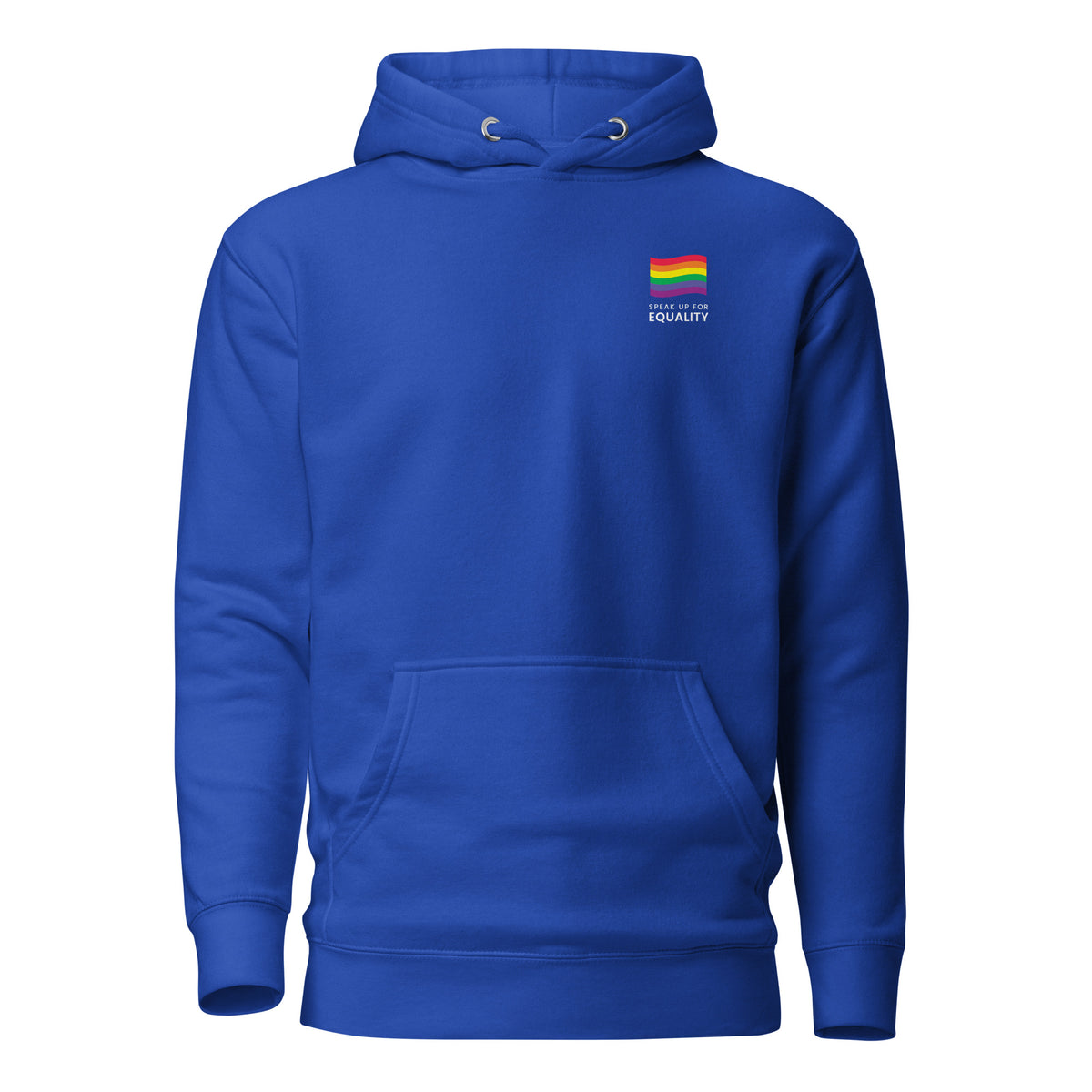Team Royal hoodie, front view, with a small rainbow flag and lettering on the chest.