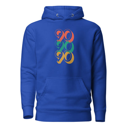 Team Royal hoodie, front view with stacked red, green and yellow "90" numerals.