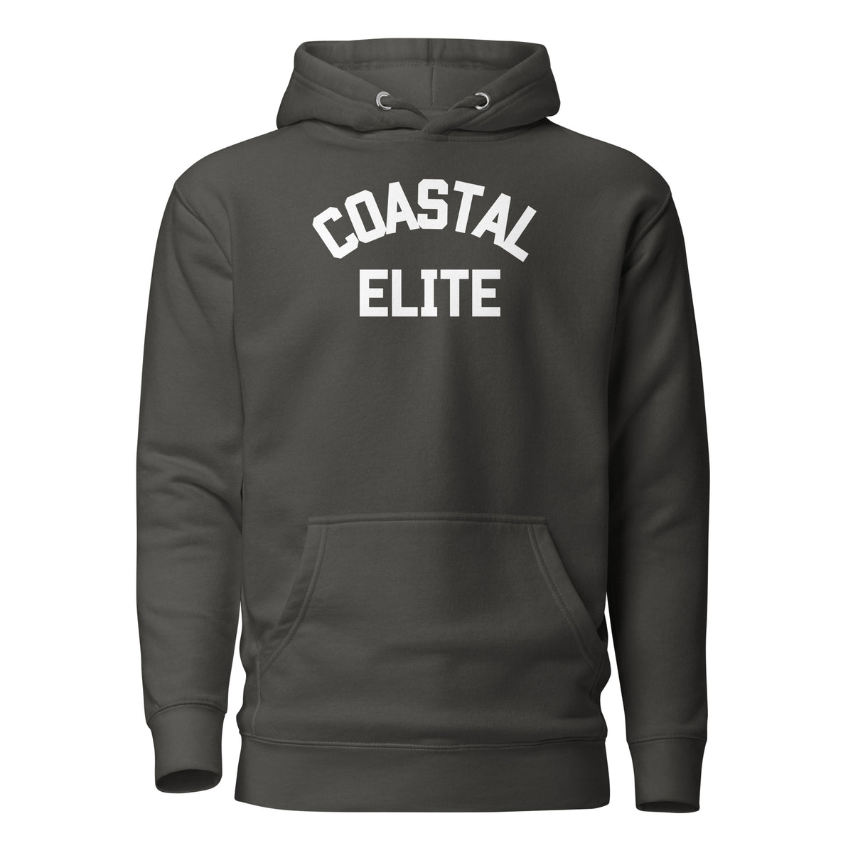 Vintage Black hoodie, front view, with white arched 'Coastal Elite' lettering.