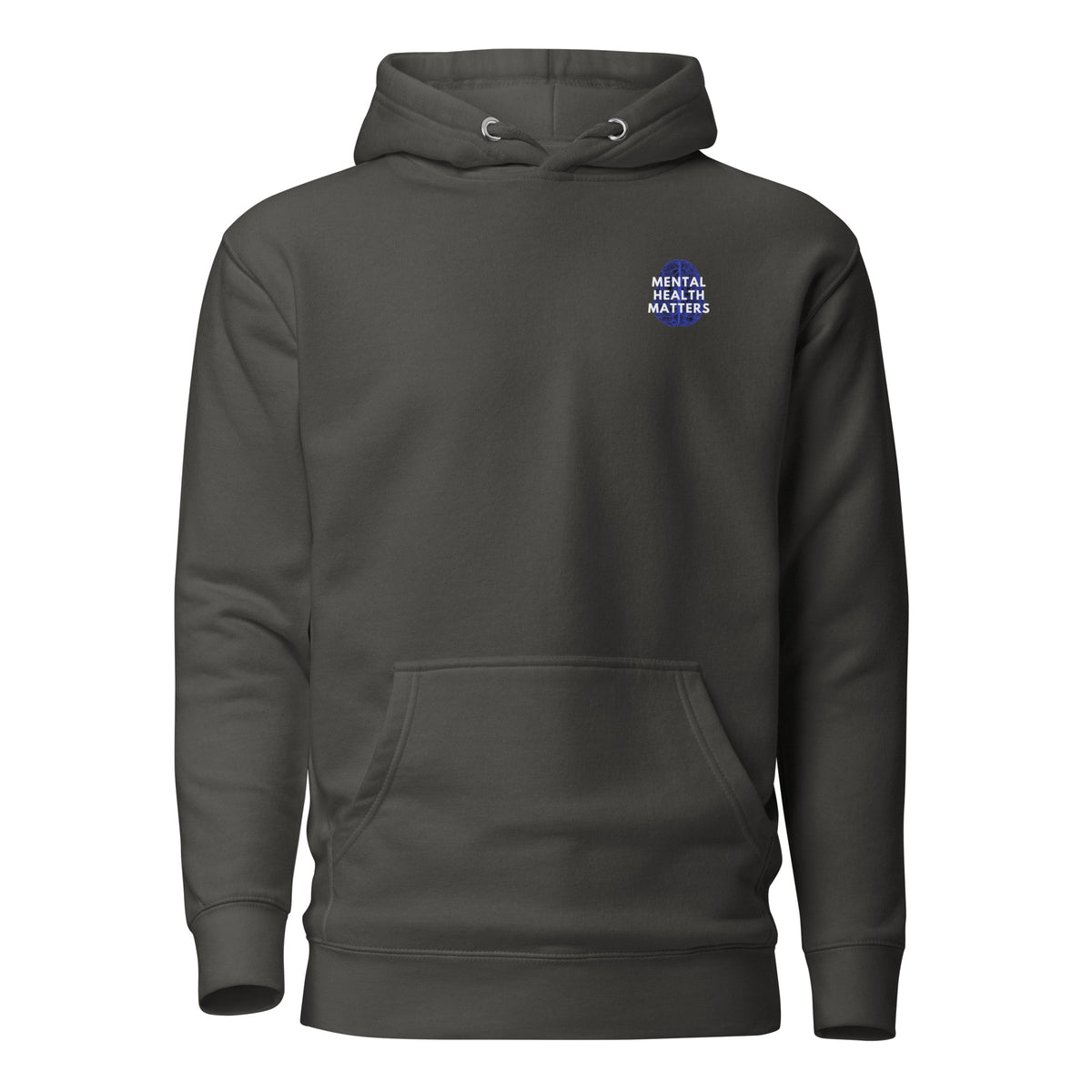 Vintage Black hoodie with a small Mental Health Matters chest badge, front view.