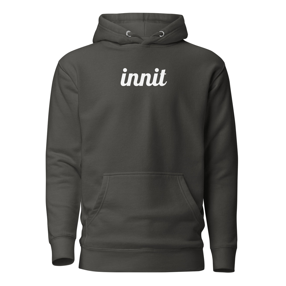 Innit hoodie in Vintage Black, front view with white "innit" lettering and a pouch pocket.