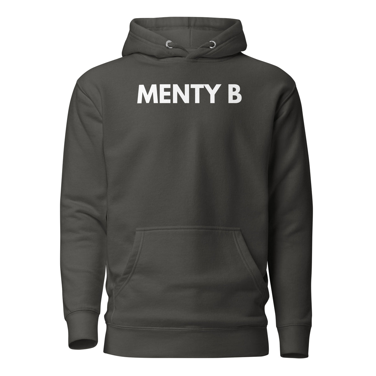 Vintage Black hoodie, front view, with white 'MENTY B' lettering.