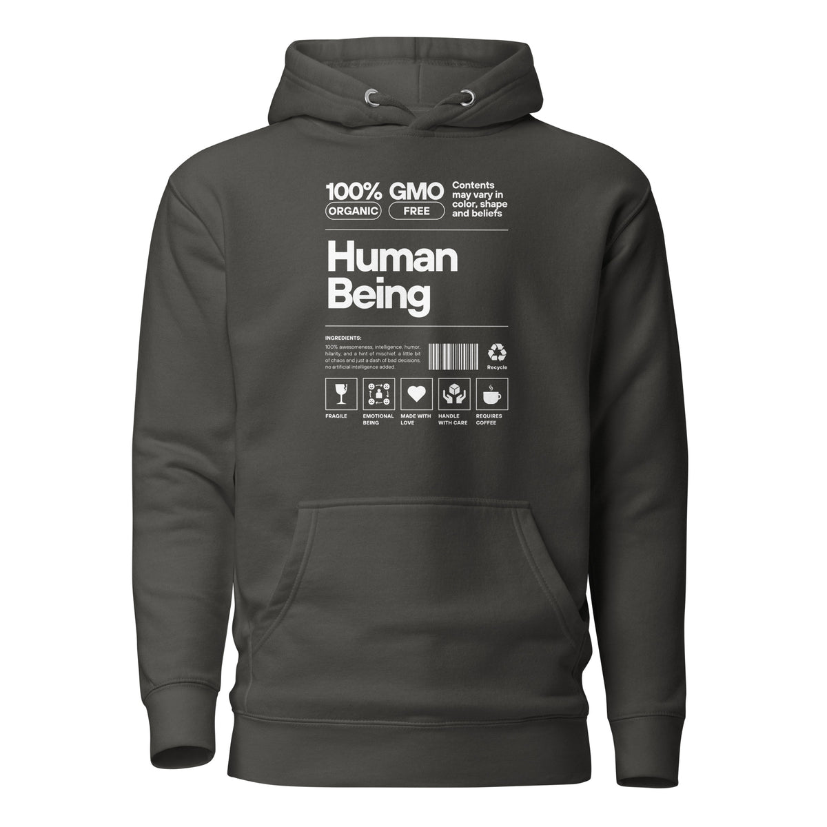 Vintage Black hoodie with a white Human Being label-style graphic and icons, front view.