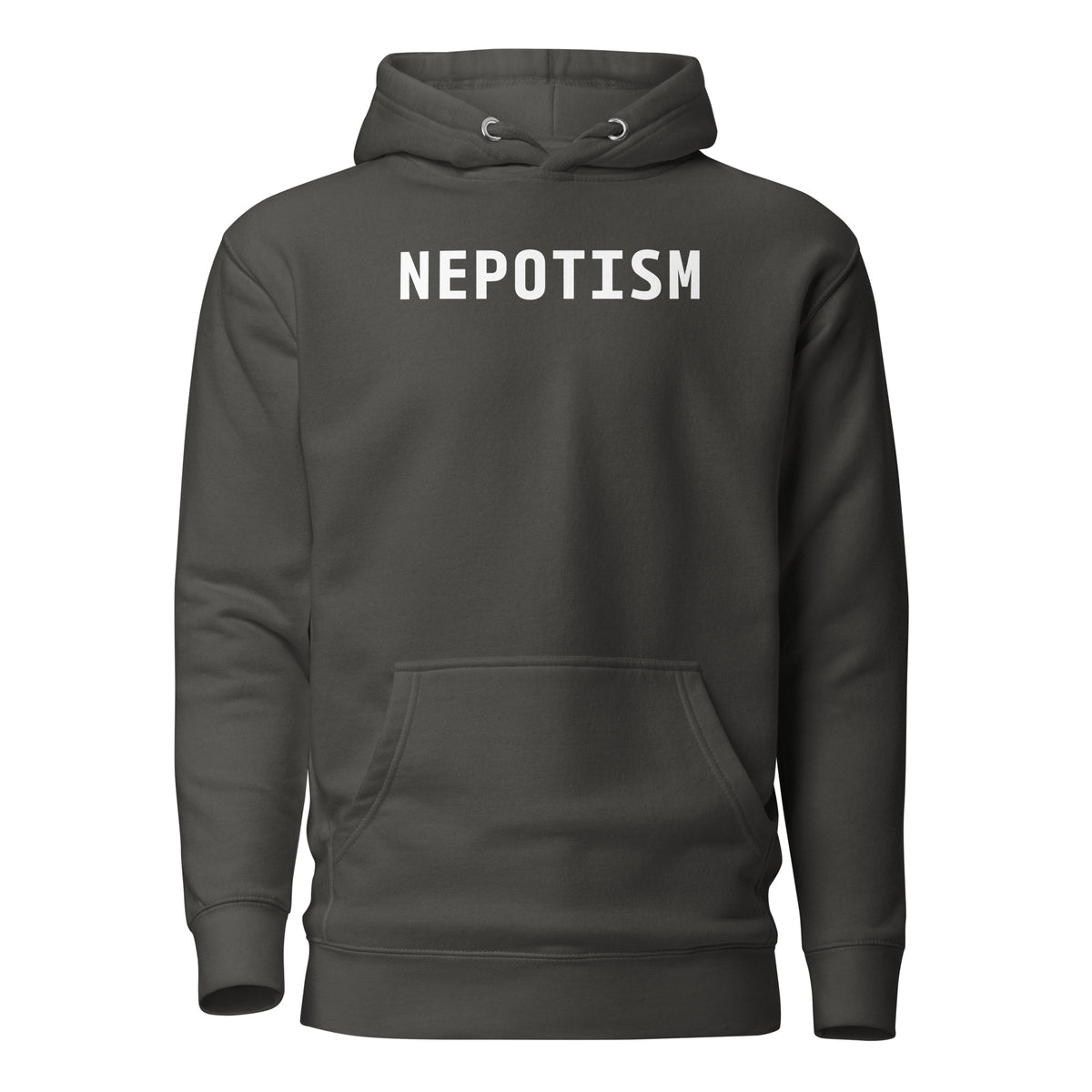 Vintage Black hoodie, front view, with white 'NEPOTISM' lettering.