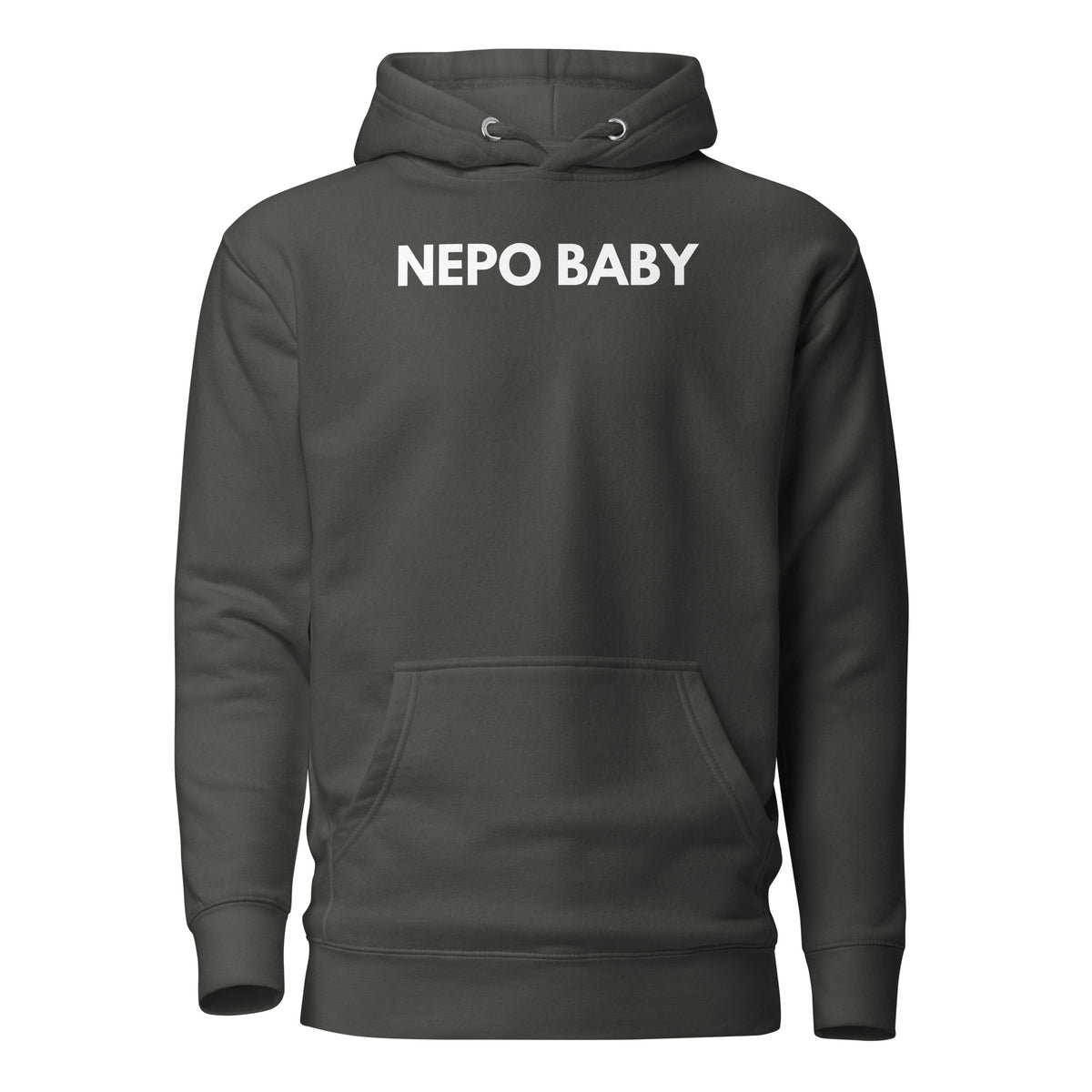 Vintage Black hoodie with white Nepo Baby lettering, front view.