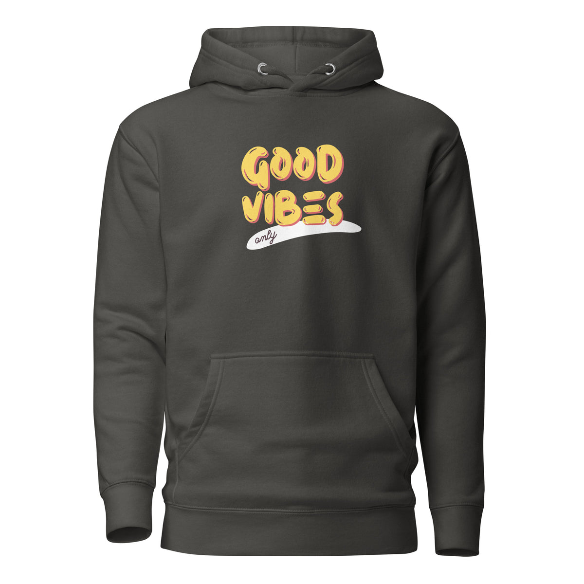Vintage Black hoodie, front view, with yellow 'Good Vibes' lettering with a white underline.