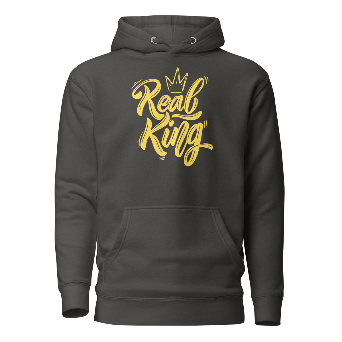 Vintage Black hoodie, front view, with yellow 'Real King' script and a crown.