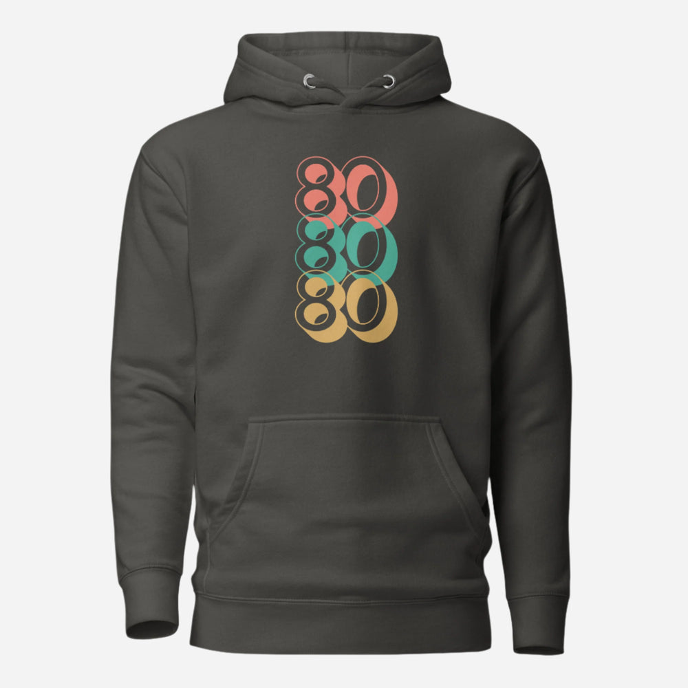 Vintage Black hoodie with stacked red, green and yellow 80 numerals, front view.