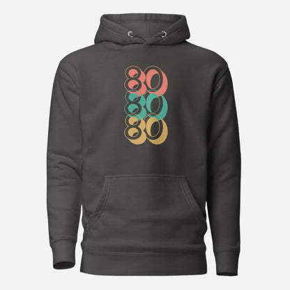 Vintage Black hoodie with stacked red, green and yellow 80 numerals, front view.