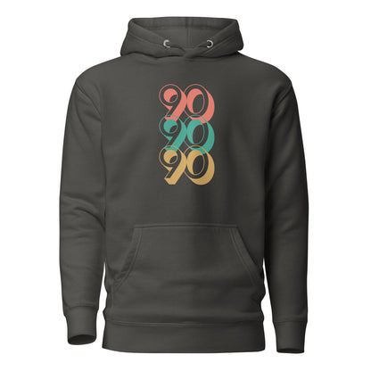 Vintage Black hoodie, front view with stacked red, green and yellow "90" numerals.