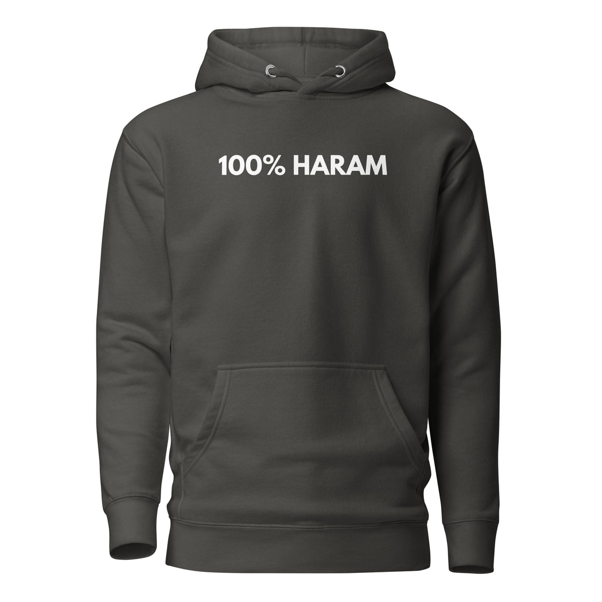 Vintage Black hoodie, front view, with white '100% HARAM' lettering.