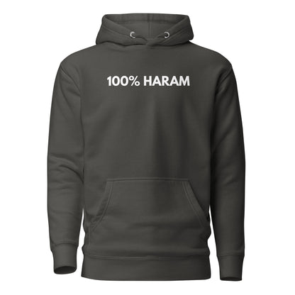 Vintage Black hoodie, front view, with white '100% HARAM' lettering.