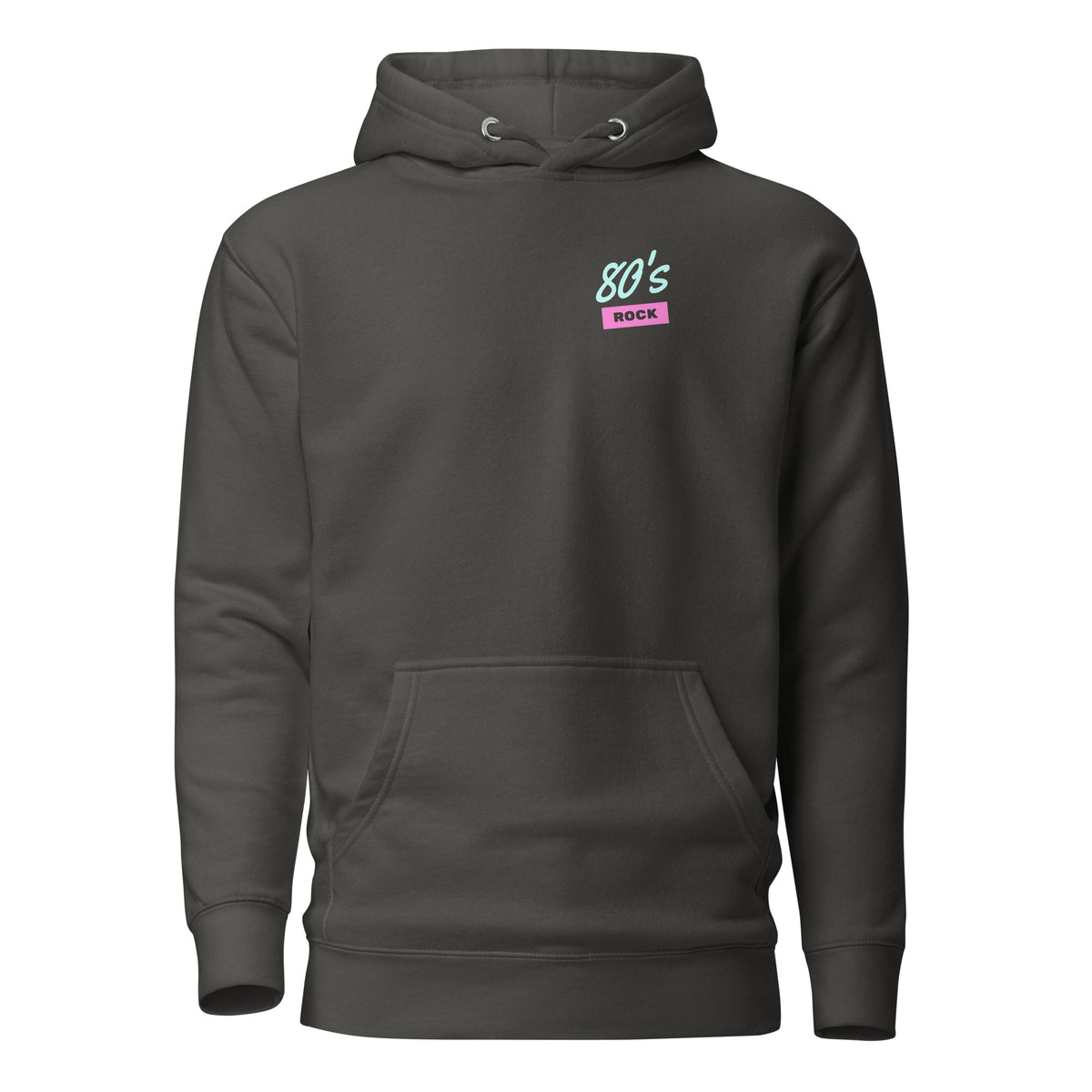 Vintage Black hoodie with small 80's Rock chest lettering, front view.