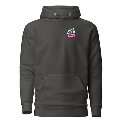 Vintage Black hoodie with small 80's Rock chest lettering, front view.