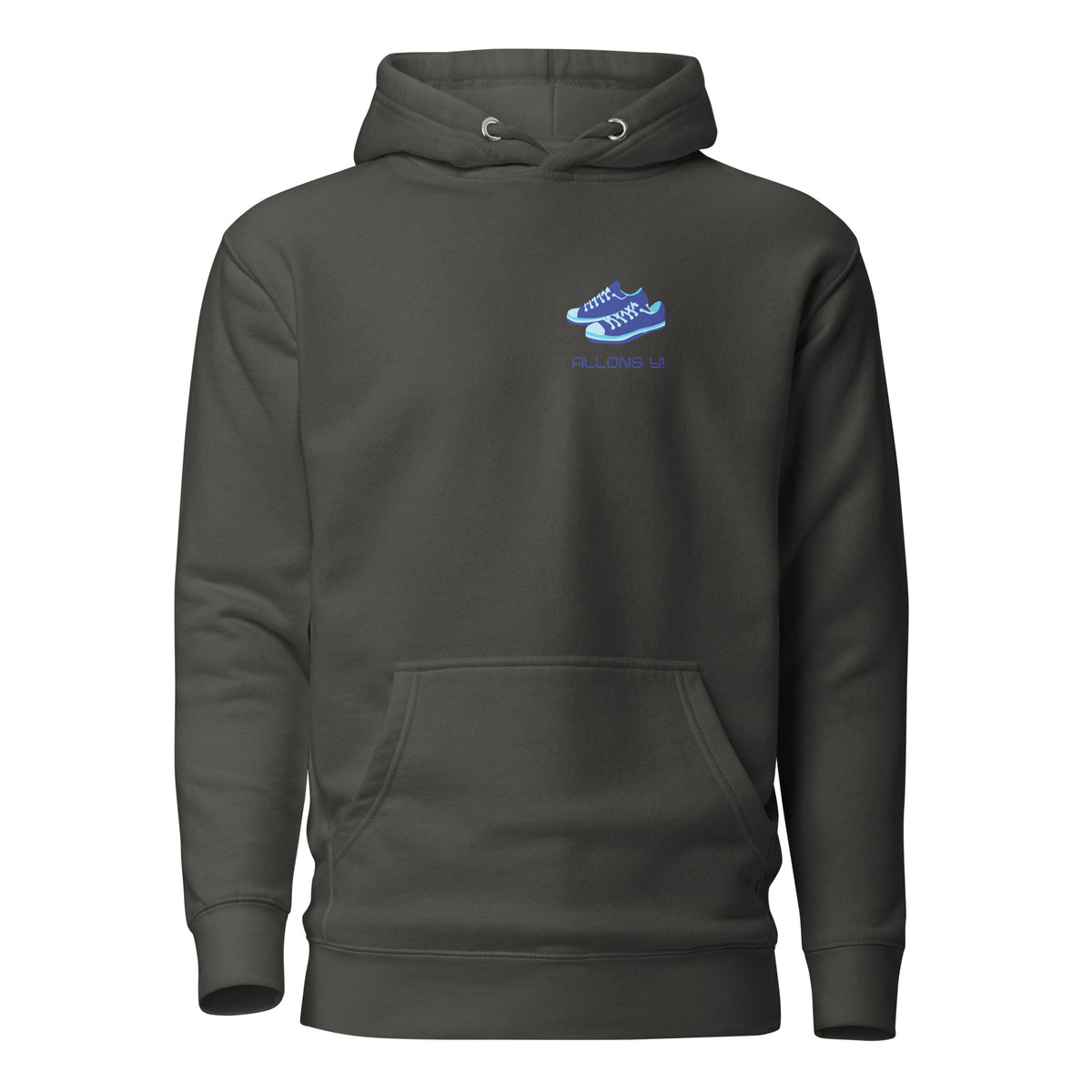 Vintage Black hoodie, front view with blue sneakers and "Allons Y" chest lettering.