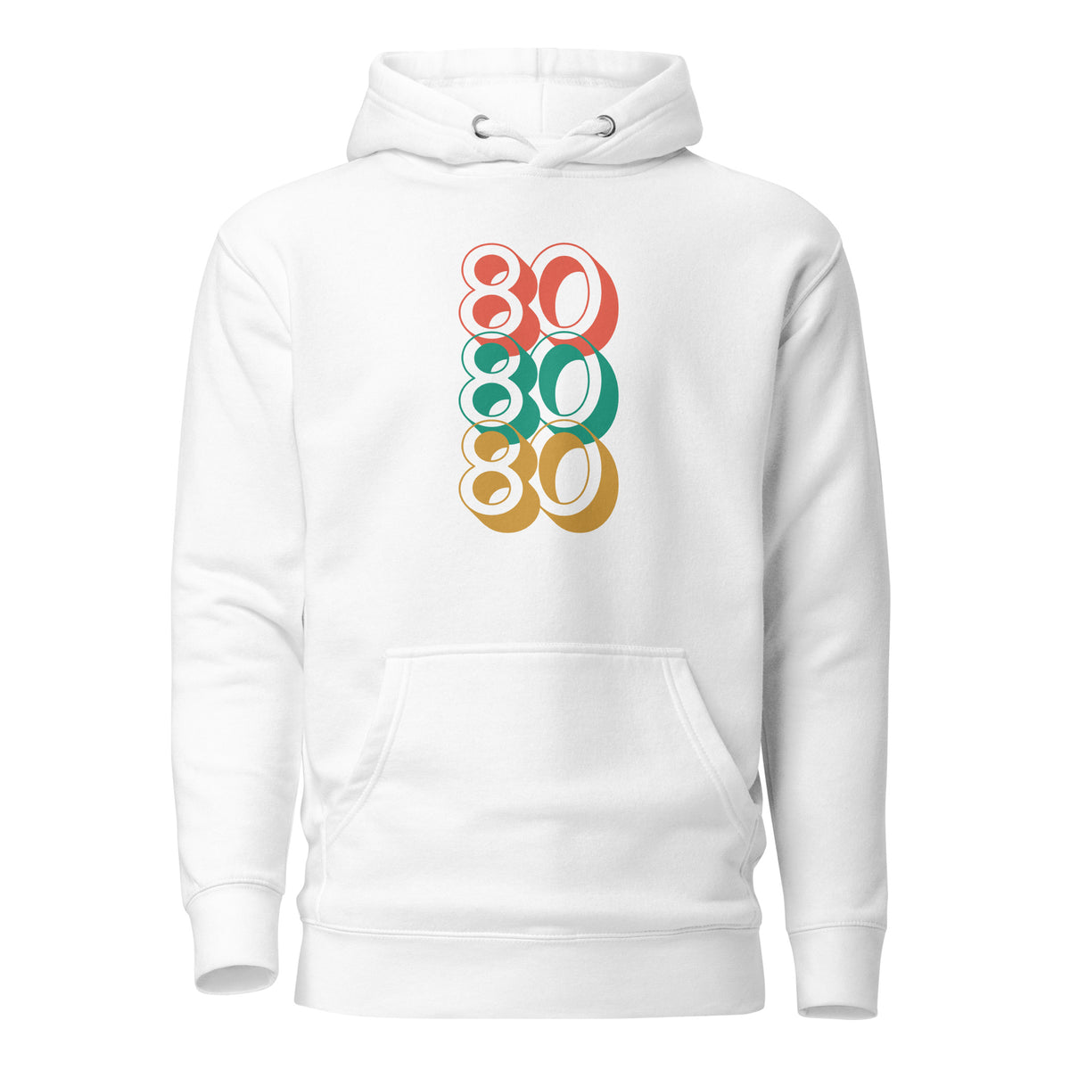 White hoodie with stacked red, green and yellow 80 numerals, front view.