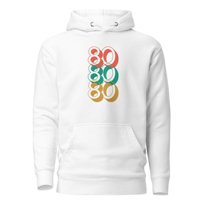 White hoodie with stacked red, green and yellow 80 numerals, front view.