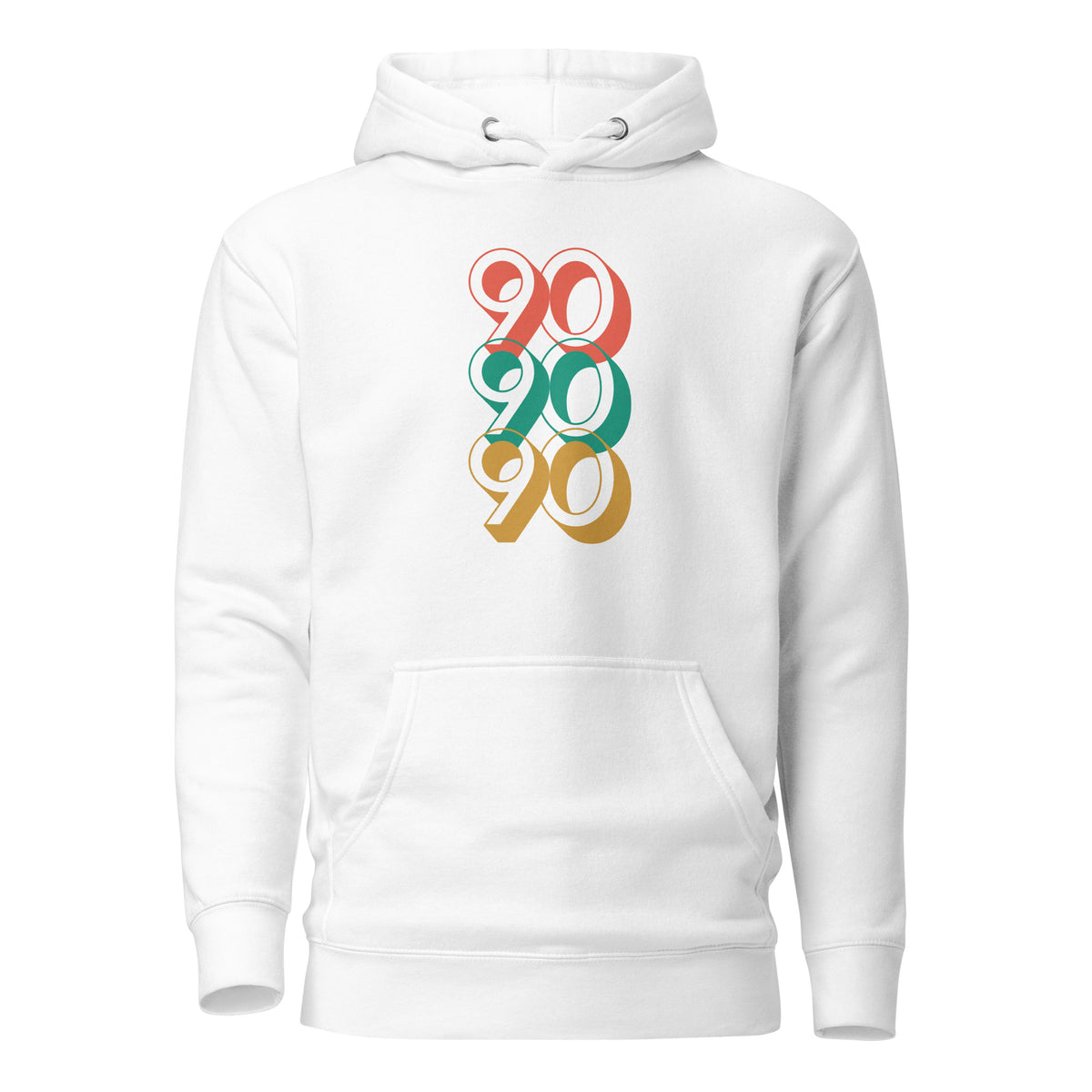 White hoodie, front view with stacked red, green and yellow "90" numerals.