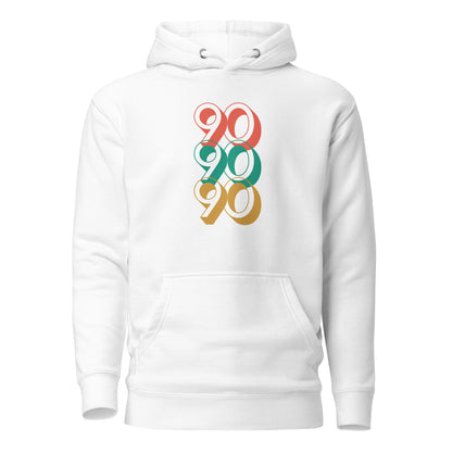 White hoodie, front view with stacked red, green and yellow "90" numerals.
