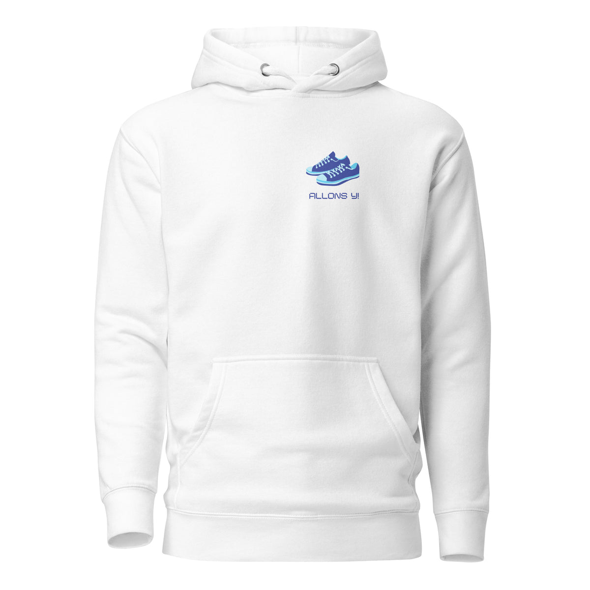 White hoodie, front view with blue sneakers and "Allons Y" chest lettering.