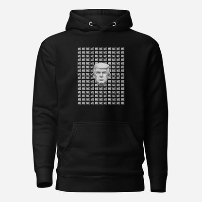 Black hoodie with a grayscale Trump portrait surrounded by repeated ME text, front view.