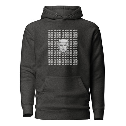 Charcoal Heather hoodie with a grayscale Trump portrait surrounded by repeated ME text, front view.