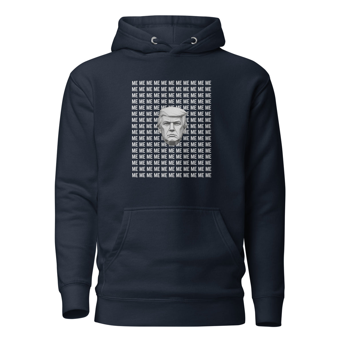 Navy Blazer hoodie with a grayscale Trump portrait surrounded by repeated ME text, front view.