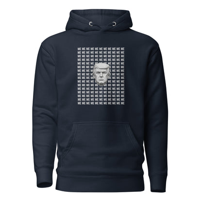 Navy Blazer hoodie with a grayscale Trump portrait surrounded by repeated ME text, front view.