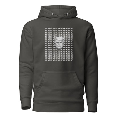 Vintage Black hoodie with a grayscale Trump portrait surrounded by repeated ME text, front view.