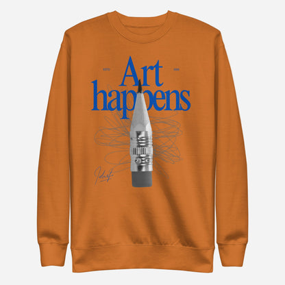Adobe sweatshirt, front view, with blue 'Art Happens' lettering, a pencil and scribbled lines.