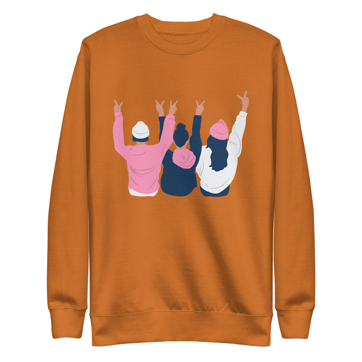Adobe sweatshirt with three illustrated people raising peace signs, front view.