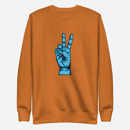 Adobe sweatshirt with a blue hand making a peace sign, front view.