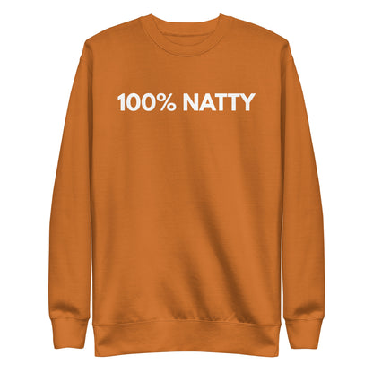 Adobe sweatshirt, front view with white "100% NATTY" lettering.