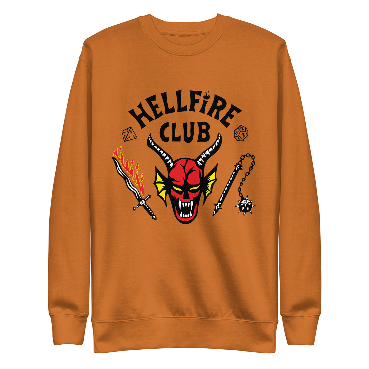 Adobe sweatshirt with Hellfire Club lettering and a red horned-face graphic, front view.