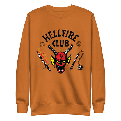 Adobe sweatshirt with Hellfire Club lettering and a red horned-face graphic, front view.
