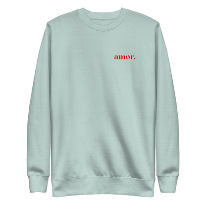 Agave sweatshirt, front view with small red "amor." chest lettering.