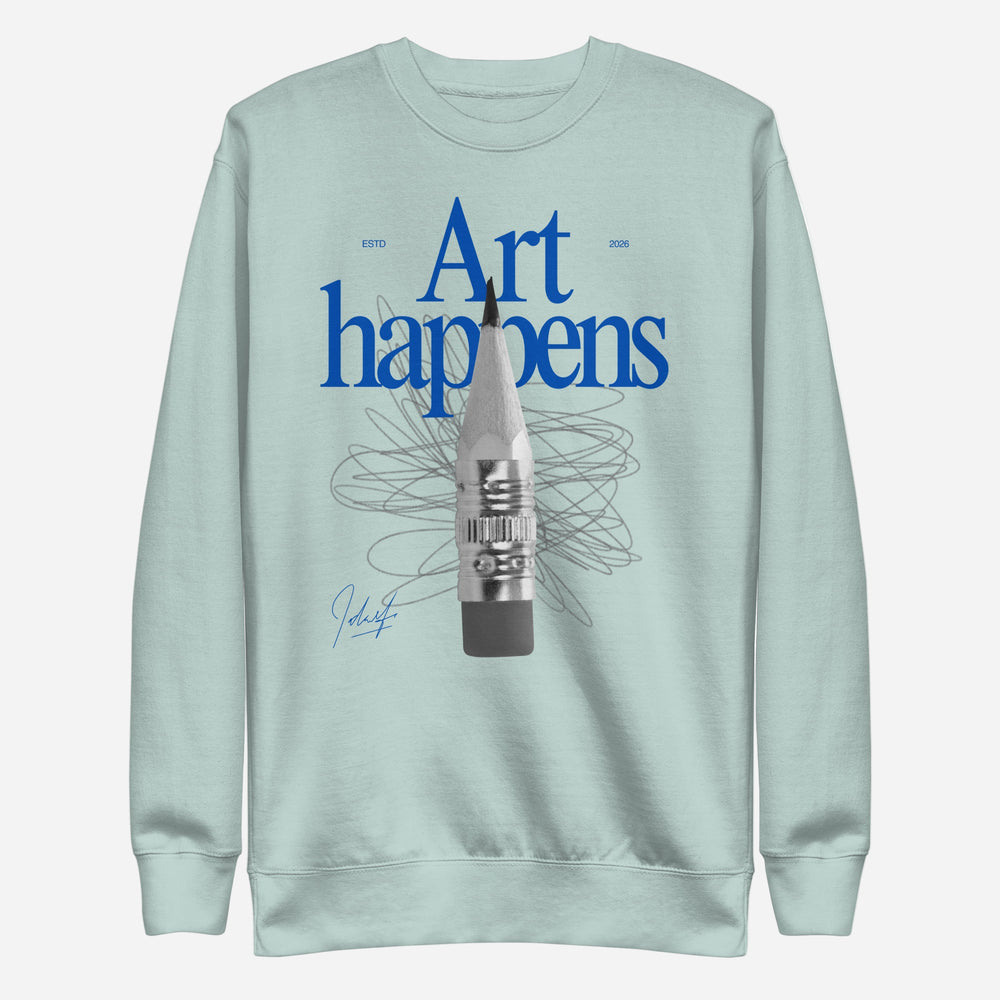 Agave sweatshirt, front view, with blue 'Art Happens' lettering, a pencil and scribbled lines.