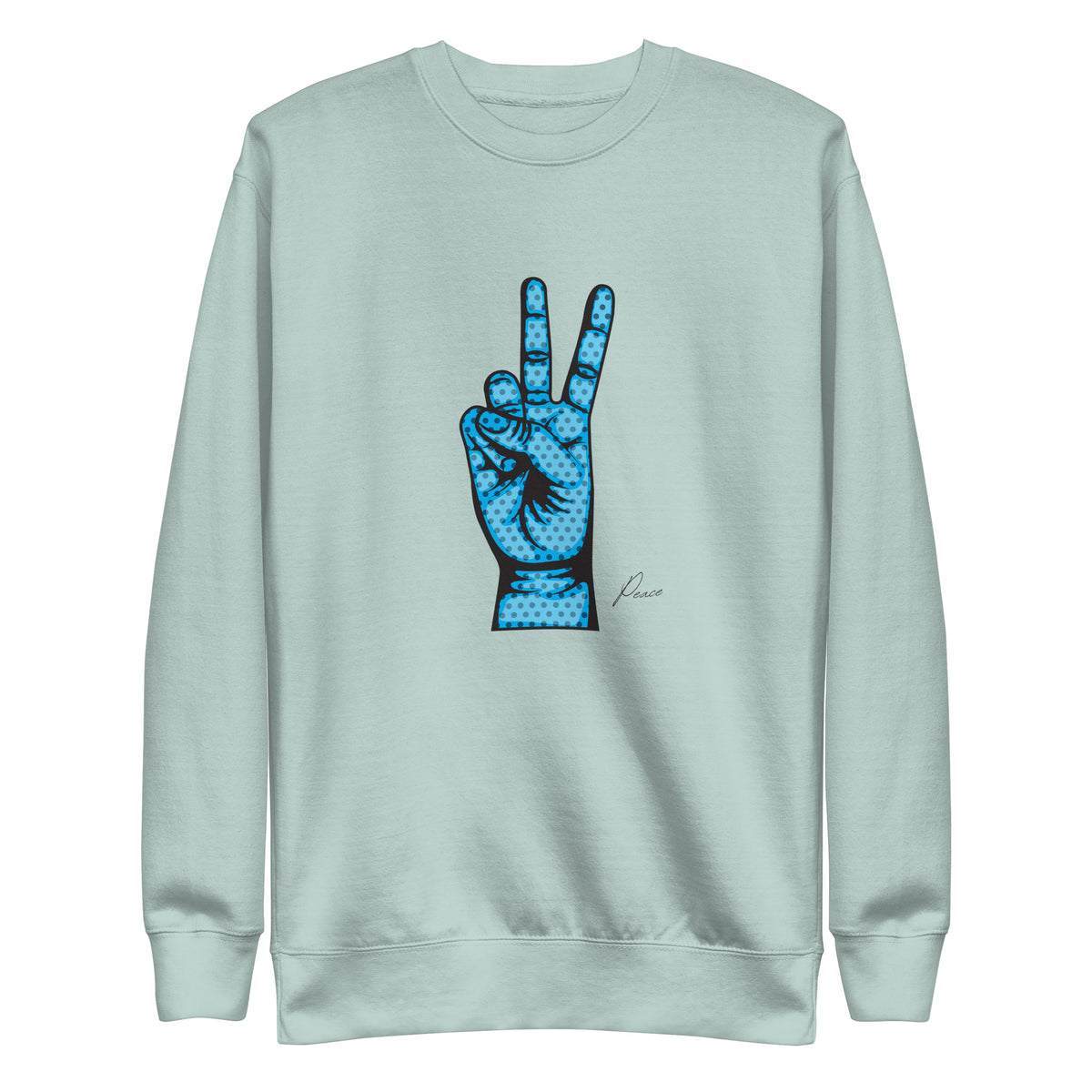 Agave sweatshirt with a blue hand making a peace sign, front view.