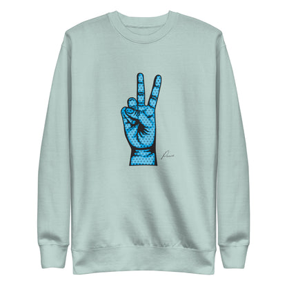 Agave sweatshirt with a blue hand making a peace sign, front view.